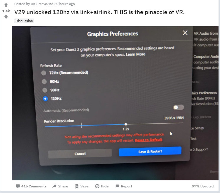 Oculus Quest 2的v29版本支持120Hz的Air Link