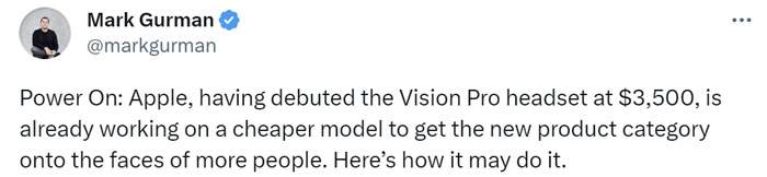 彭博社：苹果已在研发低价版Vision头显，最快2025年发布