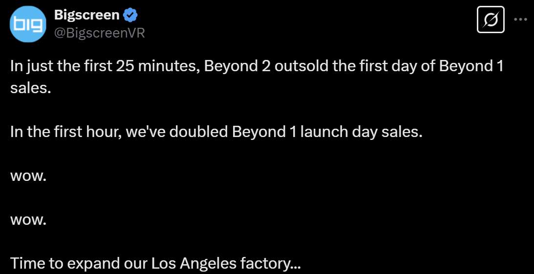 Bigscreen：Beyond 2 10小时就超过初代头显的4个月销量