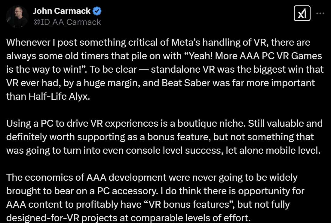 卡马克：VR一体机才是VR的获胜之道，而不是PC VR