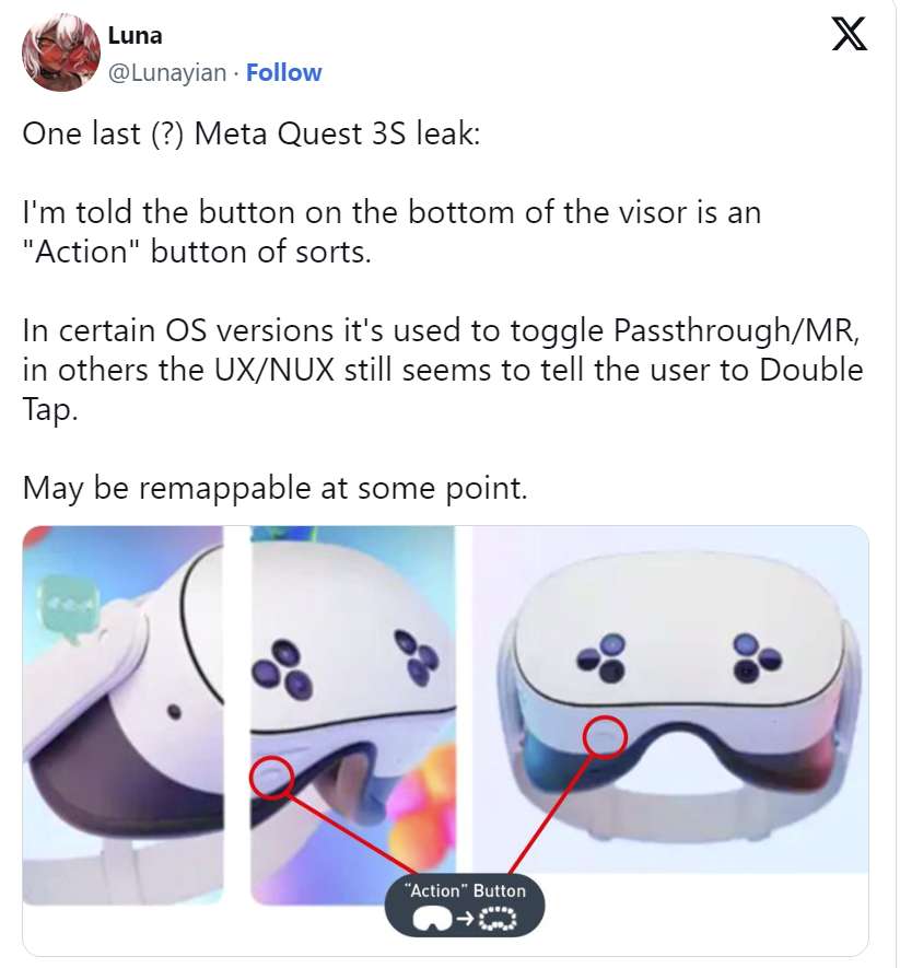 泄露照片显示Meta Quest 3S提供VR、MR自由切换按钮