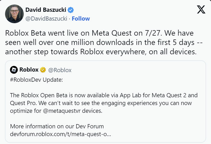 《Roblox》登陆Quest AppLab首发5天下载超过100万次
