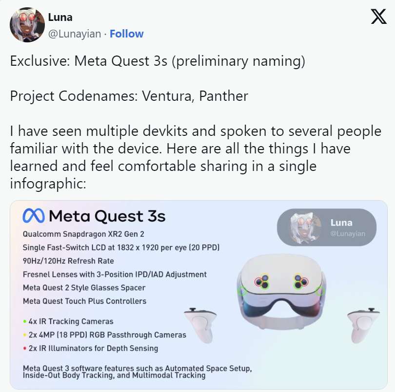 Meta Quest 3 S/Lite规格曝光，采用XR2 Gen 2芯片