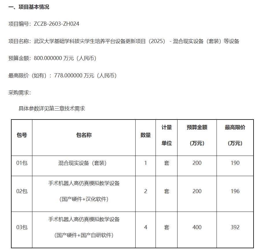 武汉大学200万元采购混合现实设备