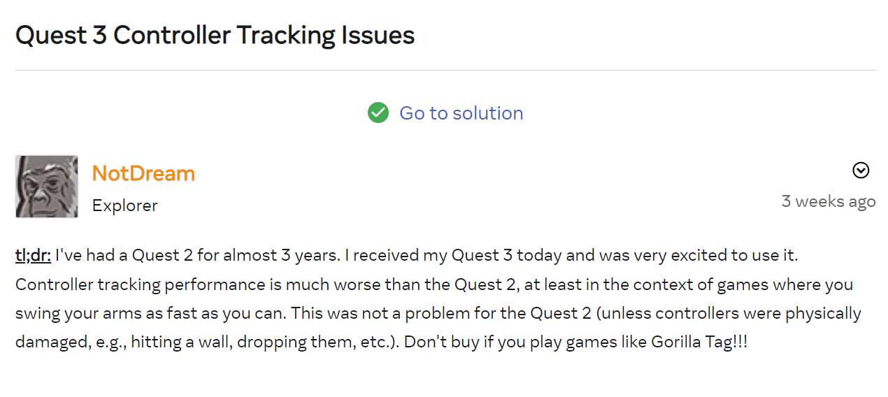 用户吐槽Quest 3控制器追踪比Quest 2差，Meta回应将调查相关问题