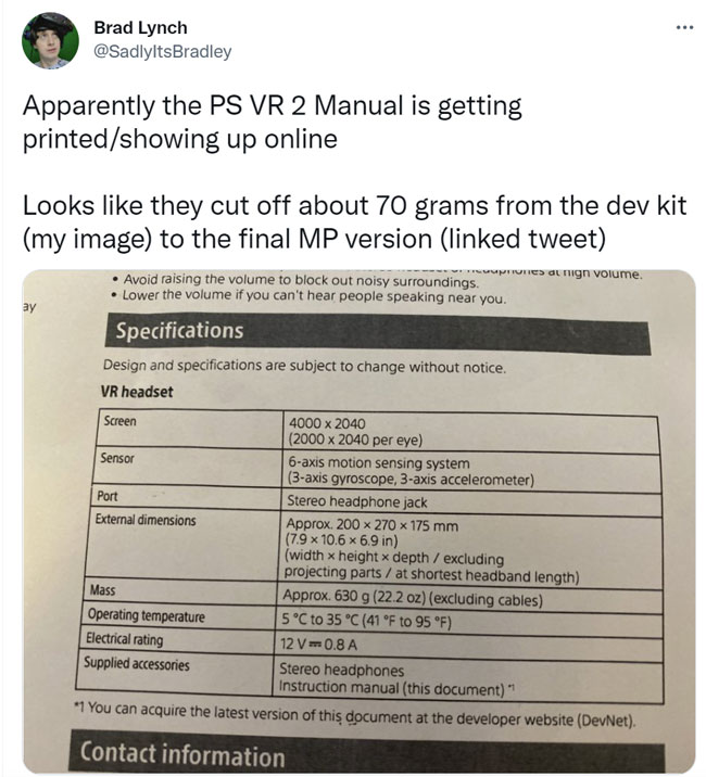 索尼PSVR 2用户手册泄露，量产版比开发版轻70克
