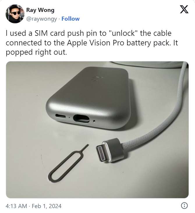 Vision Pro电池接口设计需要用SIM卡的卡针弹出接头
