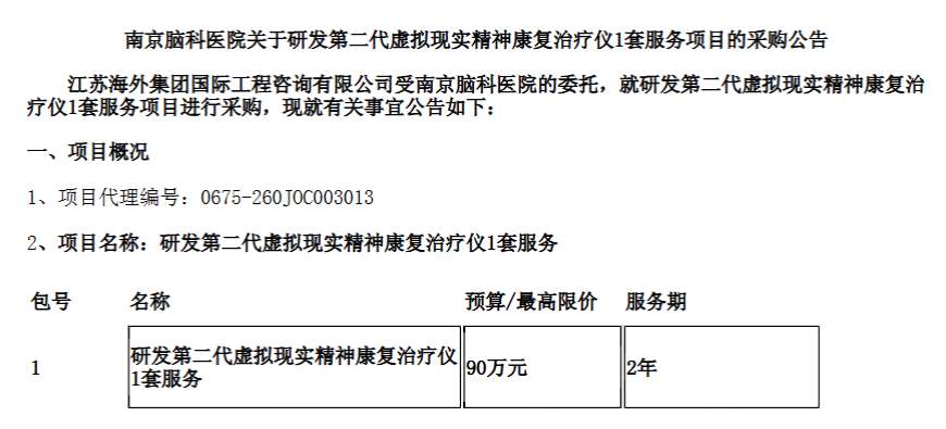 南京脑科医院90万元研发VR精神康复治疗仪