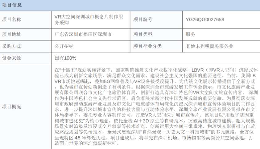深圳文旅产业发展公司106万采购VR大空间深圳城市概念片