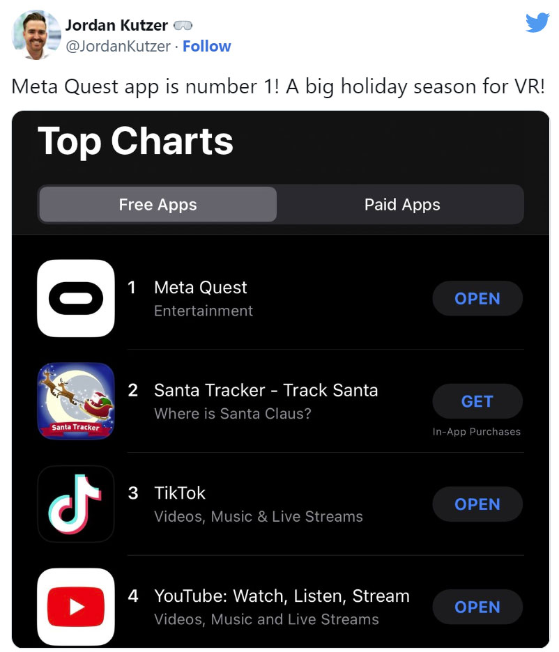 圣诞节Quest App再次登顶苹果App Store美区榜首