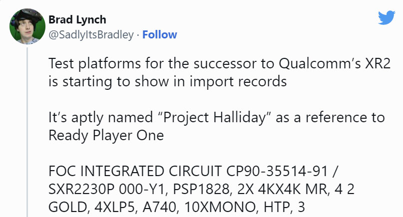 传高通在测试全新一代XR2芯片，代号Project Halliday