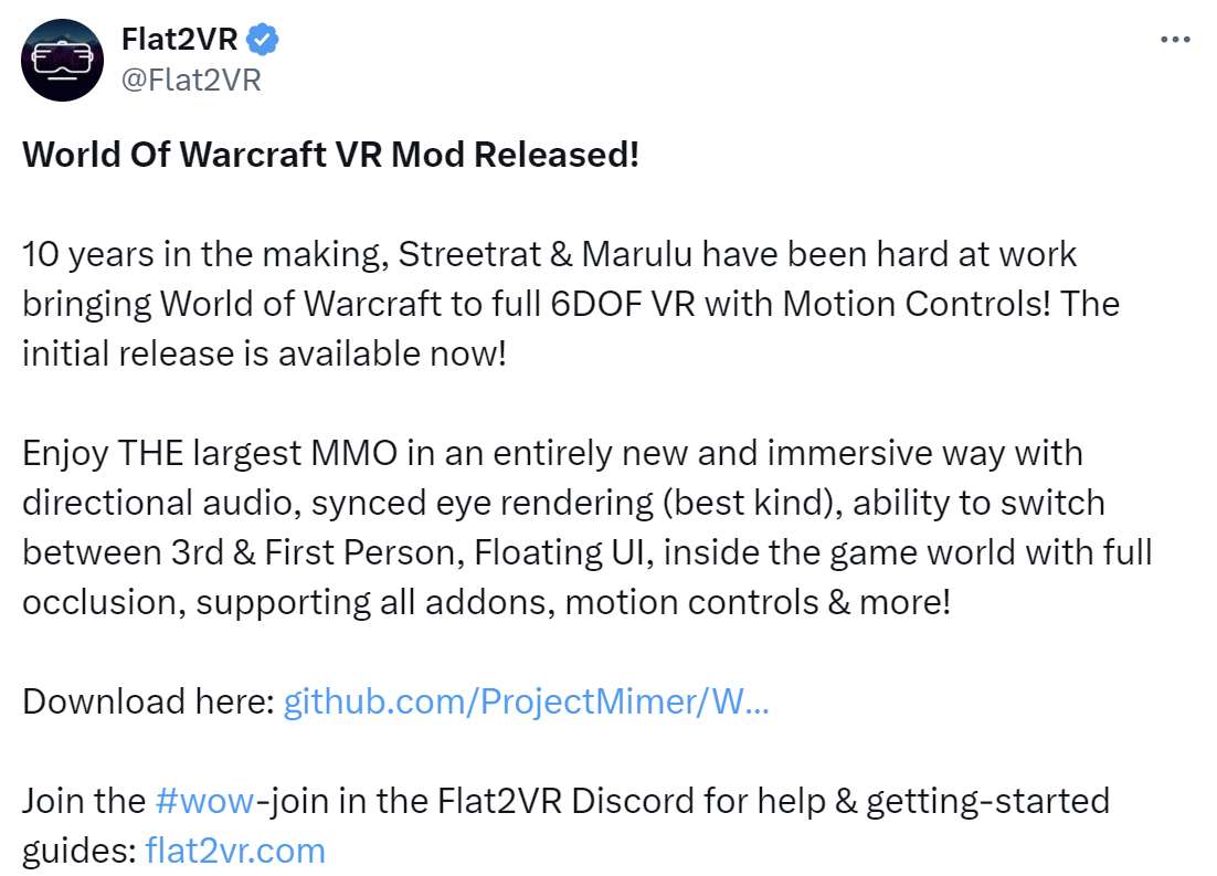 前后十年制作，Flat2VR发布《魔兽世界》VR Mod