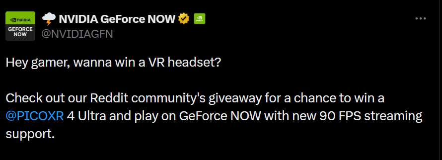 英伟达GeForce NOW为VR串流提速至90 FPS，并携PICO举办抽奖活动