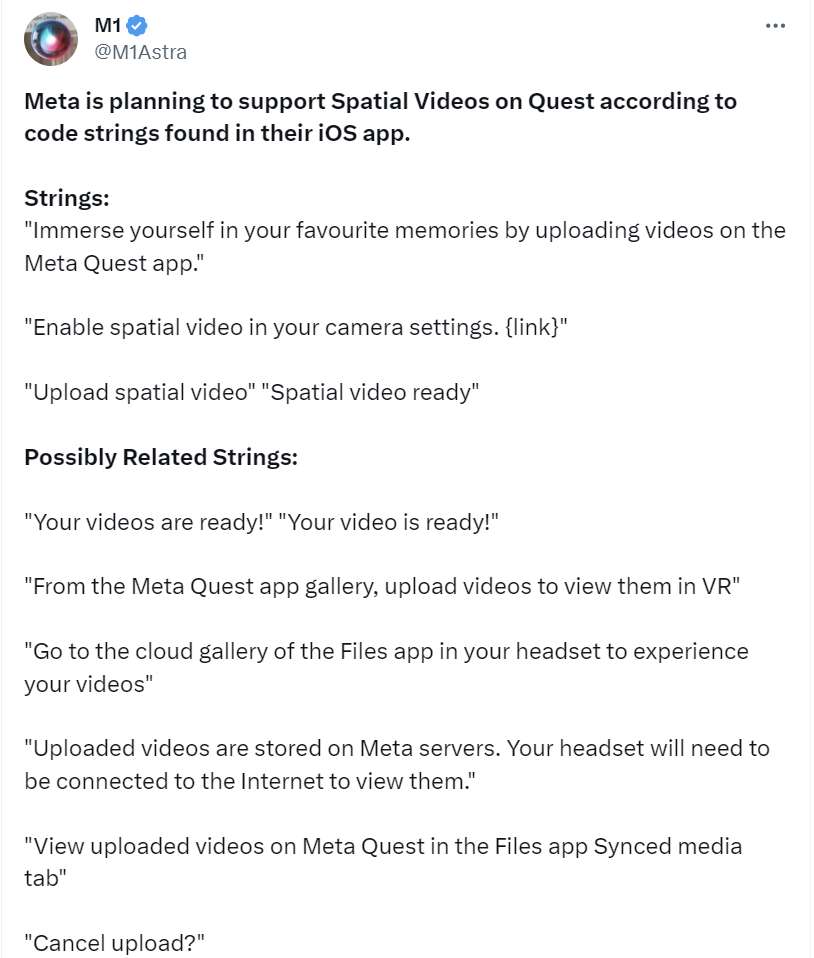 代码显示Meta探索为Quest 3提供苹果空间视频的官方支持