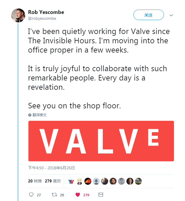 VR游戏剧情策划Rob加盟Valve，曾负责PS VR独占大作《Farpoint》