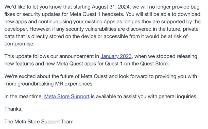 Meta：将从8月31日起停止为Quest 1提供漏洞修复和安全更新